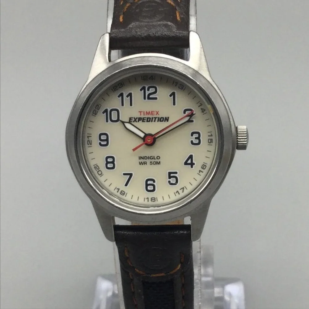 Timex Expedition Indiglo Womens Watch 26mm Cream Dial Brown Leather New Battery